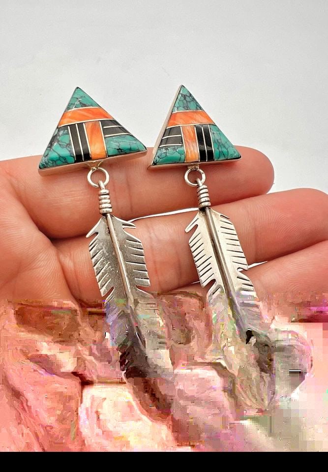 3.25" NAVAJO STERLING SILVER WEB TURQUOISE SPINY OYSTER TRIANGLE LEAF EARRINGS (1 of 1)