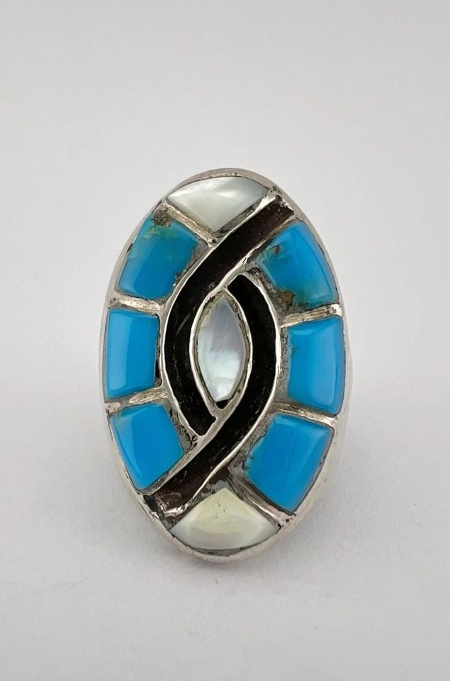 VTG ZUNI STERLING SILVER TURQUOISE & MOTHER OF PEARL INLAY INGOT MENS RING 13.2G: VTG ZUNI STERLING SILVER TURQUOISE & MOTHER OF PEARL INLAY INGOT MENS RING 13.2G Vtg Zuni Sterling Silver Turquoise & Mother Of Pearl Inlay Ingot Mens Ring 13.2g Size: 10.0 - Can Be re Sized Weight is