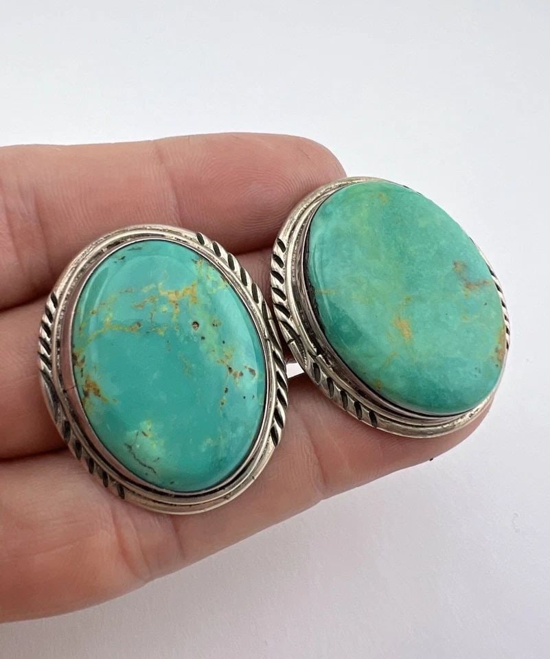 VTG TIM GUERRO NAVAJO STERLING SILVER ROYSTON TURQUOISE STAMPED CLIP EARRINGS: VTG TIM GUERRO NAVAJO STERLING SILVER ROYSTON TURQUOISE STAMPED CLIP EARRINGS HUGE Vtg Navajo Sterling Silver Royston Turquoise Stamped Oval Clip Earrings Size: Around 1 1/2" Tall & Around 1 1/4" Wide