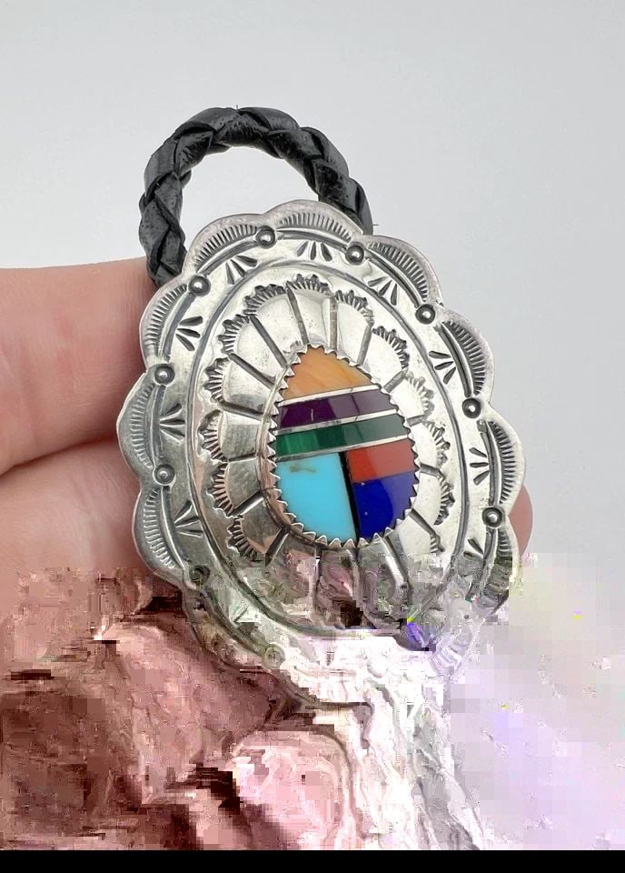 VINTAGE NAVAJO STERLING SILVER MULTI GEMSTONE STAMPED OVAL BOLO TIE 2" (1 of 2)