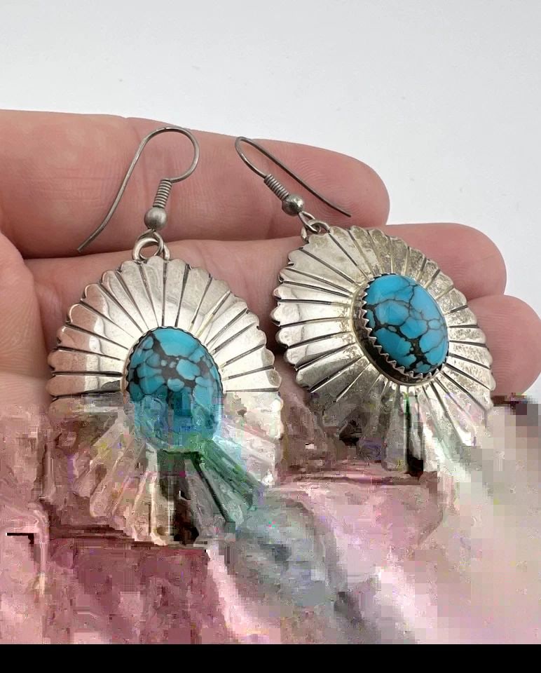 VTG NAVAJO STERLING SILVER WEBBED KINGMAN TURQUOISE STAMPED HOOK EARRINGS 2.25" (1 of 1)