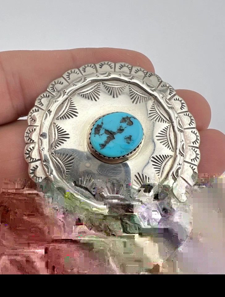 VTG NAVAJO STERLING SILVER SLEEPING BEAUTY TURQUOISE STAMPED CONCHO BROOCH 2" (1 of 1)