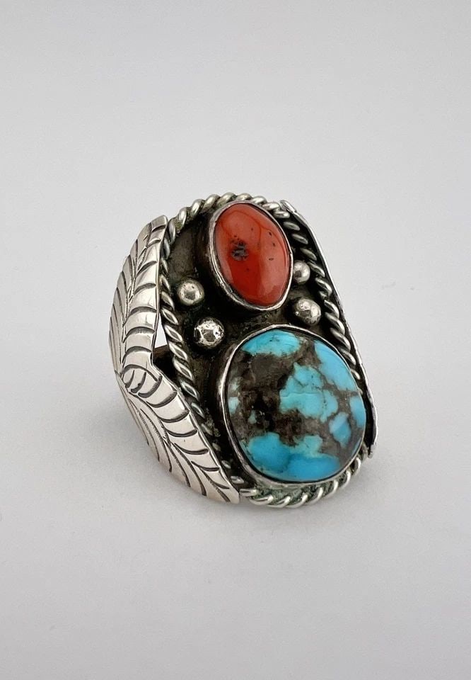 HUGE VTG NAVAJO STERLING SILVER SPIDERWEB TURQUOISE & CORAL STAMPED MEN'S RING: HUGE VTG NAVAJO STERLING SILVER SPIDERWEB TURQUOISE & CORAL STAMPED MEN'S RING HUGE Vtg Navajo Sterling Silver Spiderweb Turquoise & Coral Stamped Men's Ring Ring Size: 9.75 - Can Be Re Sized Weight i