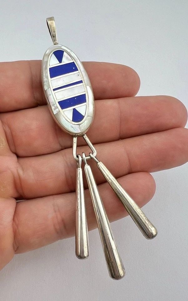 VTG NAVAJO STERLING SILVER FLUSH LAPIS & MOP CHANDELIER DANGLE PENDANT 4 1/8" (1 of 1)