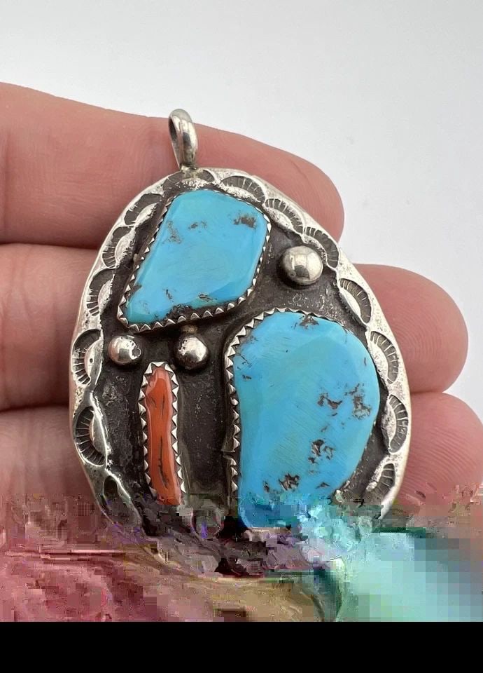 VTG ZUNI STERLING SILVER KINGMAN TURQUOISE & CORAL STAMPED TEARDROP PENDANT 2" (1 of 1)