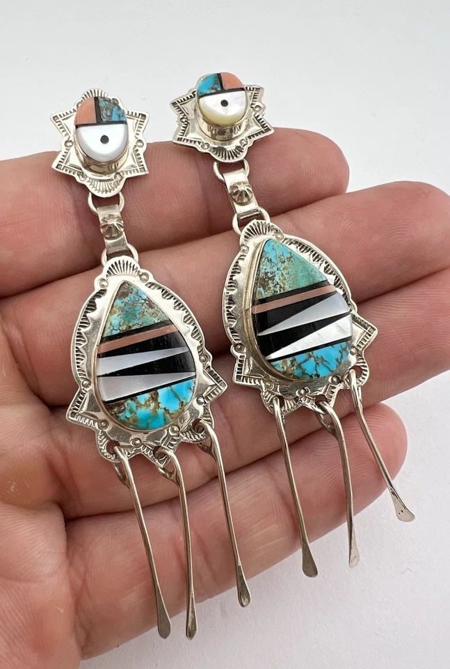 VTG D ASHLEY NAVAJO STERLING SILVER MULTI GEMSTONE SUNFACE DANGLE EARRINGS 3.5" (1 of 2)