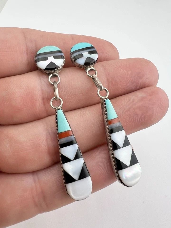 VTG ZUNI STERLING SILVER MULTI GEMSTONE SUNFACE FLUSH POST DANGLE EARRINGS 2.25": VTG ZUNI STERLING SILVER MULTI GEMSTONE SUNFACE FLUSH POST DANGLE EARRINGS 2.25" Vtg Zuni Sterling Silver Multi Gemstone Sunface Flush Post Dangle Earrings 2.25" Size: 2 1/4" Tall With Dangle & 3/8" W