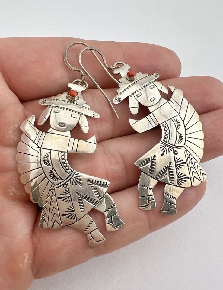 VTG NAVAJO STERLING SILVER RED CORAL STAMPED KACHINA DANGLE POST EARRINGS 2 5/8": VTG NAVAJO STERLING SILVER RED CORAL STAMPED KACHINA DANGLE POST EARRINGS 2 5/8" Vtg Navajo Sterling Silver Red Coral Stamped Kachina Dangle Post Earrings 2 5/8" Size: 2 5/8" Tall With Dangle & 1 1/4"