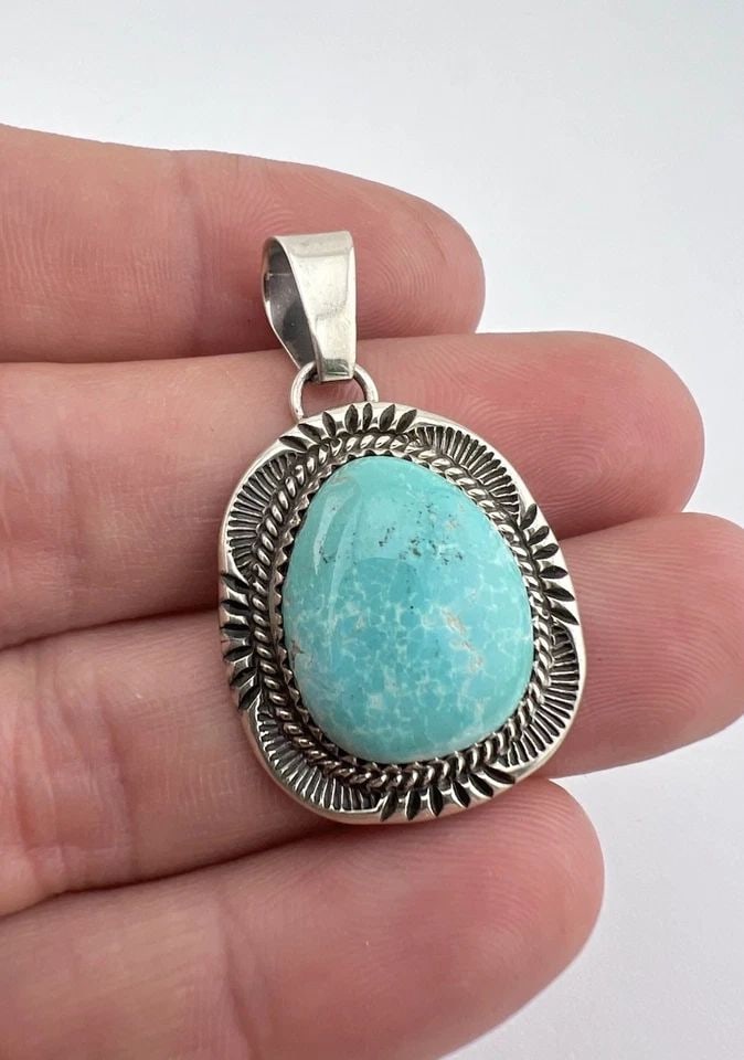 VTG WILL DENETDALE NAVAJO STERLING SILVER FOX TURQUOISE STAMPED PENDANT 1 5/8" (1 of 1)