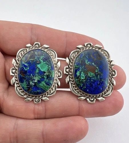 HUGE VTG BILLIE EAGLE NAVAJO STERLING SILVER NATURAL AZURITE OVAL CLIP EARRINGS (1 of 1)