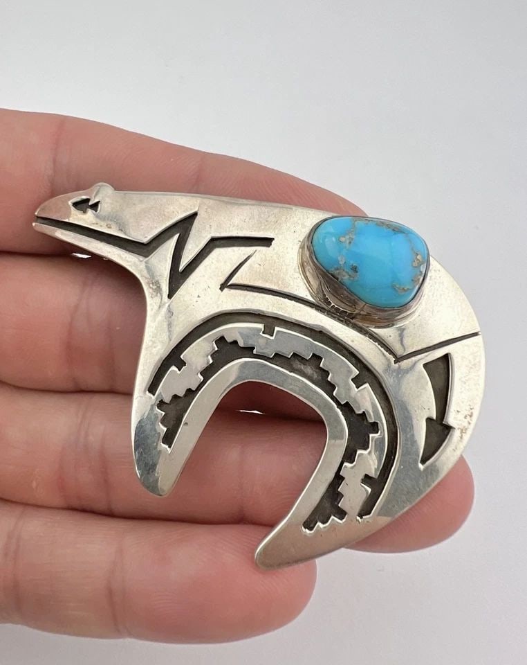 VTG NAVAJO STERLING SILVER CANDELARIA TURQUOISE OVERLAY BEAR BROOCH PIN 2.5"-20G (1 of 1)