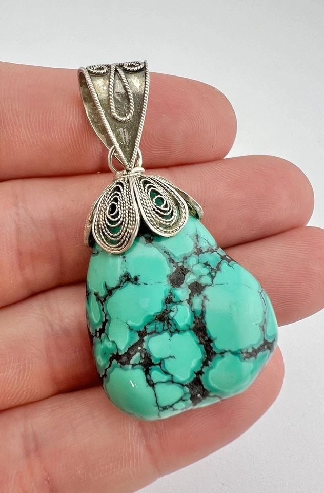 VTG CHINESE STERLING SILVER NATURAL SPIDERWEB TURQUOISE FILAGREE PENDANT 2 1/8": VTG CHINESE STERLING SILVER NATURAL SPIDERWEB TURQUOISE FILAGREE PENDANT 2 1/8" Vtg Chinese Sterling Silver Natural Spiderweb Turquoise Filagree Pendant 2 1/8" Size: 2 1/8" Tall By 1" Wide At The Base