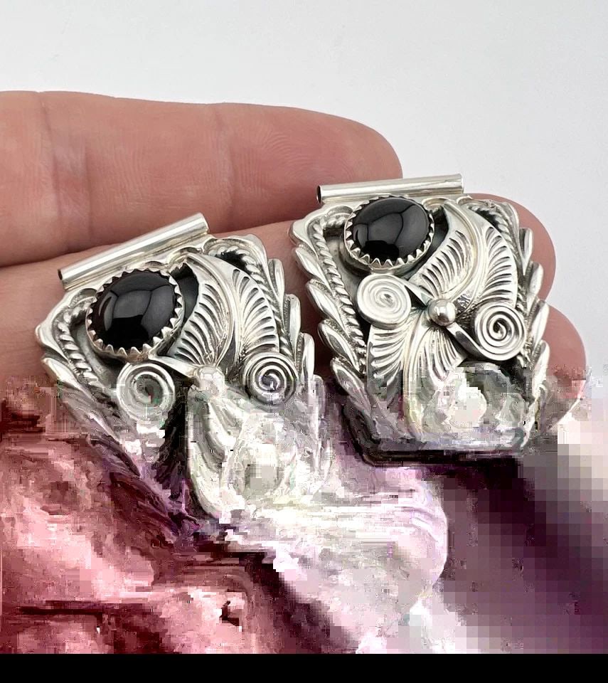 VTG NAVAJO STERLING SILVER NATURAL BLACK ONYX UNISEX STAMPED WATCH TIPS 19G (1 of 1)