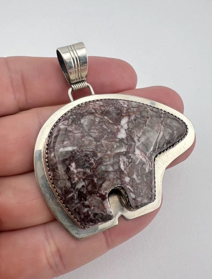 VTG BENJAMIN PIASO NAVAJO STERLING SILVER CARVED GRANITE BEAR PENDANT 2.25": VTG BENJAMIN PIASO NAVAJO STERLING SILVER CARVED GRANITE BEAR PENDANT 2.25" Vtg BENJAMIN PIASO Navajo Sterling Silver Carved Granite Bear Pendant 2.25" Size: 2 1/4" Tall With Bail & 2 1/4" Wide Weight