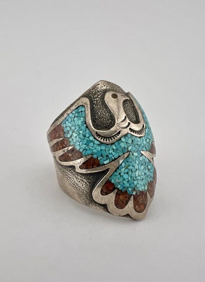 VTG NAVAJO STERLING SILVER CRUSHED CHIP TURQUOISE & CORAL FLUSH PEYOTE BIRD RING: Vtg Navajo Sterling Silver Crushed Chip Turquoise & Coral Flush Peyote Bird Ring Ring Size: 9.25 - Can Be Re Sized Weight is 11.8 Grams on my scale Metal: Sterling Silver Ring is 1 1/8" Tall In the Ce