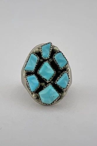 VTG G&L LEEKITY ZUNI STERLING SILVER CARVED BLUE TURQUOISE INGOT MEN'S RING: Vtg G&L leekity Zuni Sterling Silver Natural Carved Blue Turquoise Ingot Men's Ring 12.6g Size: 6.75 - Can Be Resized Weight is 12.6 Grams on my scale Test Positive For Sterling Silver Ring is 7/8" Ta