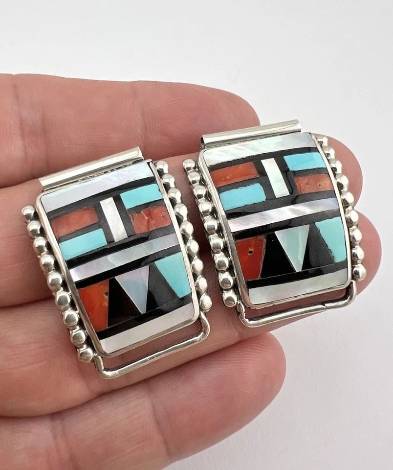 HERBERT & ESTER CELLICION ZUNI STERLING SILVER MULTI GEMSTONE FLUSH WATCH TIPS (1 of 2)