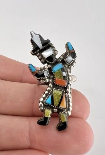VINTAGE ZUNI STERLING SILVER MULTI GEM RAINBOWMAN KACHINA WOMEN'S RING 1.75": Vintage Zuni Sterling Silver Multi Gem Rainbowman Kachina Women's Ring 1.75" Size: 6.5- Can Be re Sized Weight is 7.8 Grams on my scale Metal: Sterling Silver Ring is 1 3/4" Tall In the Center Amazing