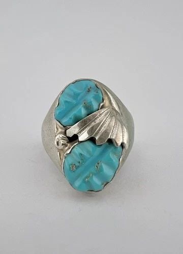 VINTAGE LOYOLITA TSATTIE ZUNI STERLING SILVER CARVED TURQUOISE MEN'S RING: VINTAGE LOYOLITA TSATTIE ZUNI STERLING SILVER CARVED TURQUOISE MEN'S RING Vintage Loyolita Tsattie Zuni Sterling Silver Carved Turquoise Men's Ring Ring Size: 8.75 - Can Be Re Sized Weight is 9.6 Gram