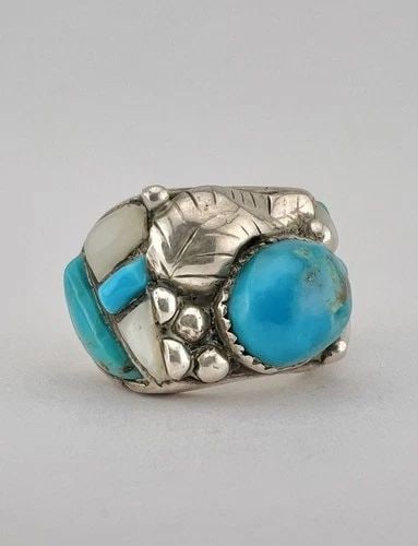 VTG NAVAJO STERLING SILVER FOX TURQUOISE & MOTHER OF PEARL INGOT MENS RING 17.2G (1 of 1)