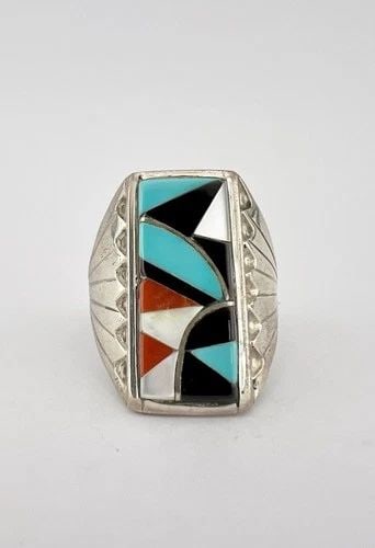 RICHARD & GENEVA TERRAZAS ZUNI STERLING SILVER COBBLESTONE STAMPED MEN'S RING: Vintage Richard & Geneva Terrazas Zuni Sterling Silver Cobblestone Stamped Men's Ring Ring Size: 12.25 - Can Be Resized Weight is 9.6 Grams on my scale Test Positive For Sterling Silver Ring is A Tad 