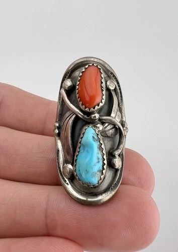 VTG NAVAJO STERLING SILVER TURQUOISE & CORAL STAMPED WIDE KNUCKLE RING 1 5/8" (1 of 1)
