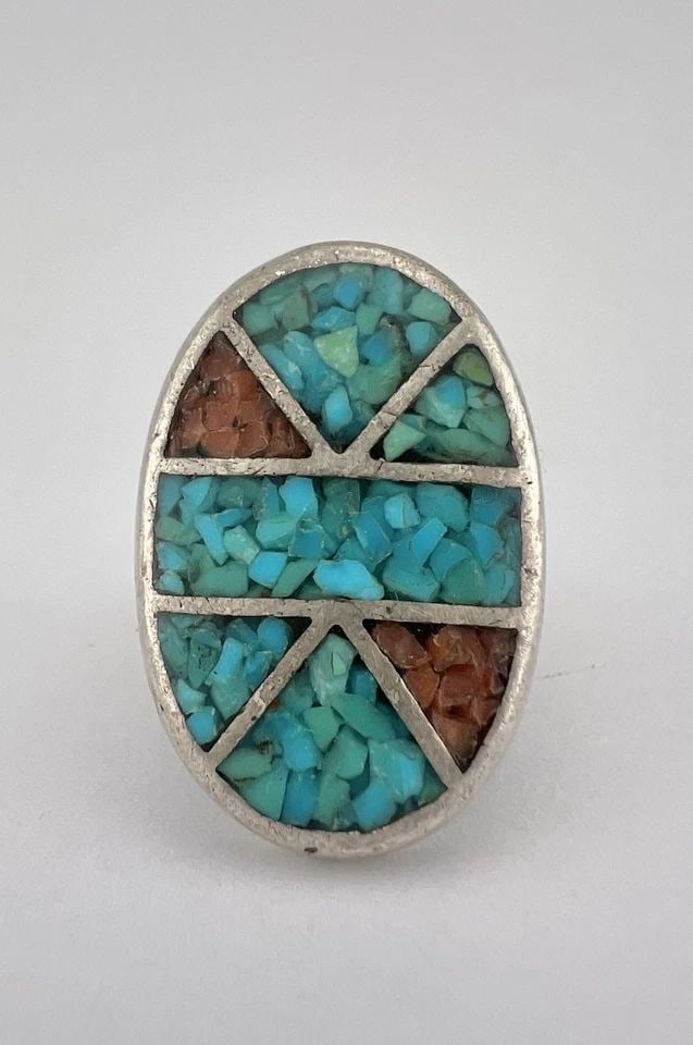 VTG NAVAJO STERLING SILVER CRUSHED CHIP TURQUOISE & CORAL FLUSH INGOT RING 21.6G (1 of 1)