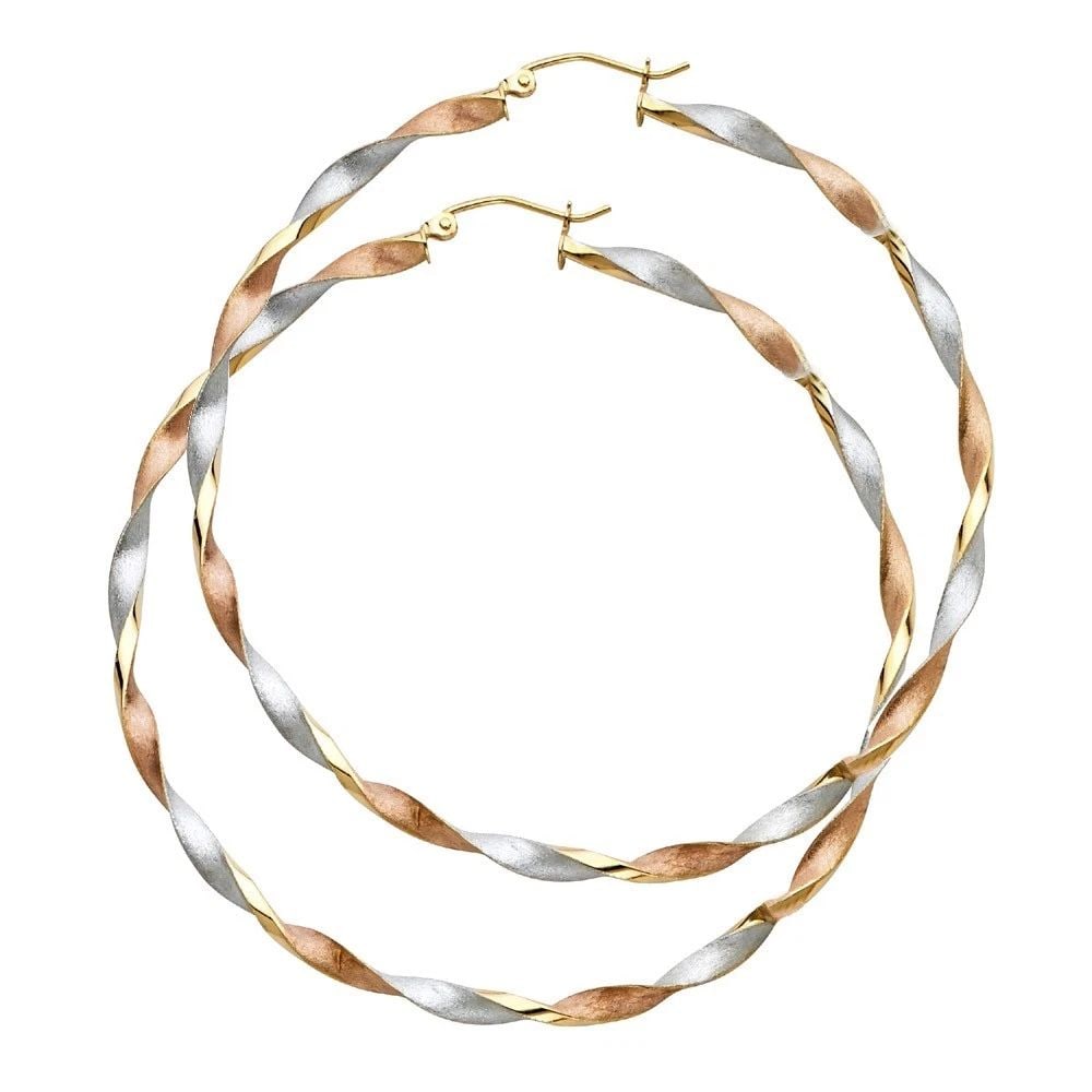 NEW 14K TRI COLOR GOLD CURLED HOLLOW HOOP EARRINGS: NEW 14K TRI COLOR GOLD CURLED HOLLOW HOOP EARRINGS CURLED HOLLOW HOOP EARRINGS NEW 14K TRI COLOR GOLD HEIGHT - 65 mm WIDTH - 65 mm Apx WEIGHT - 5.3 g