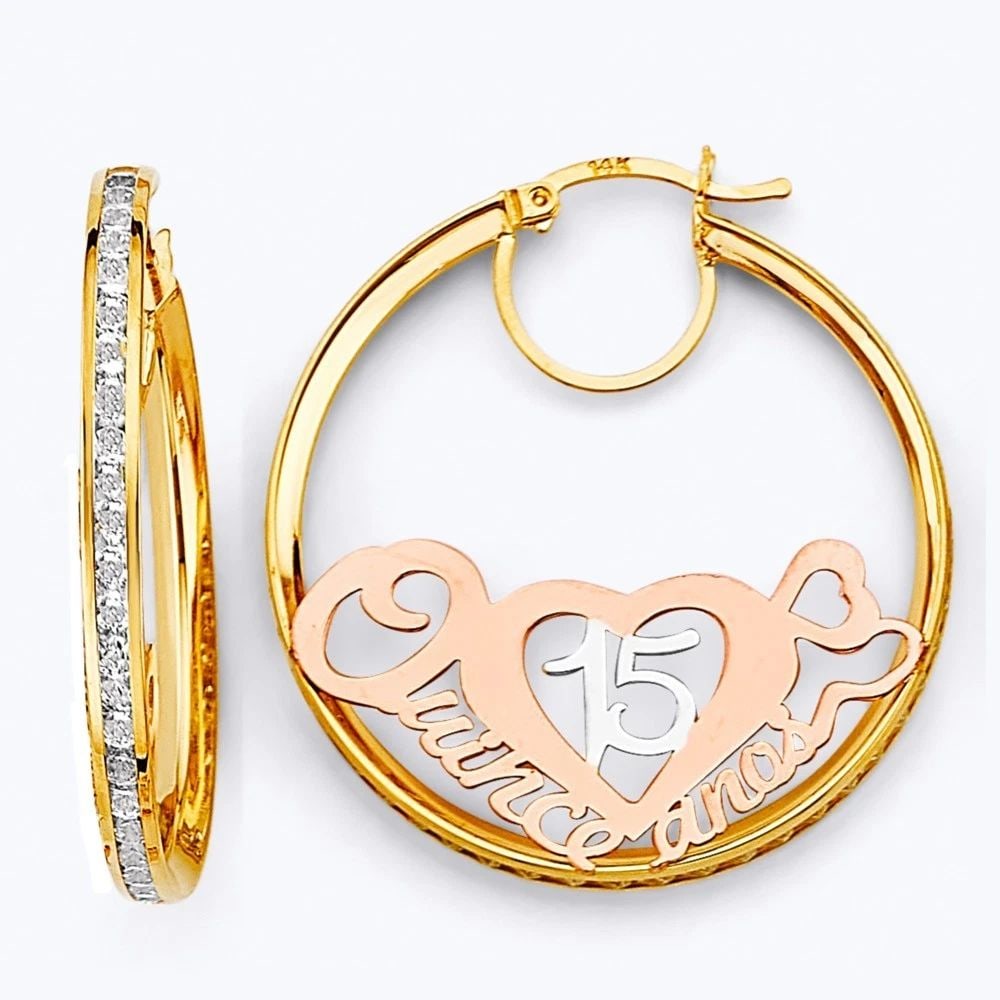 NEW 14K TRI COLOR GOLD 15 YEARS HOOP EARRINGS (1 of 2)