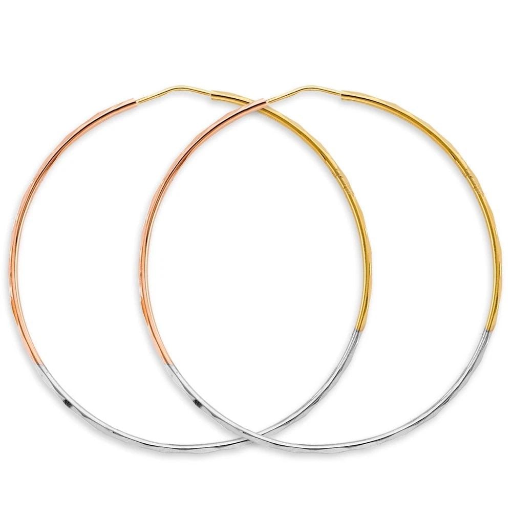 NEW 14K TRI COLOR GOLD 1.5MM FACETED ROUND HOOP EARRINGS (55MM) (1 of 2)