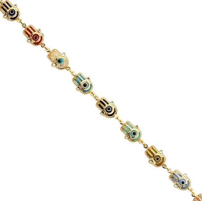 NEW 14K YELLOW GOLD HAMSA MULTI COLOR EVIL EYE BRACELET: NEW 14K YELLOW GOLD HAMSA MULTI COLOR EVIL EYE BRACELET HAMSA MULTI COLOR EVIL EYE BRACELET NEW 14K YELLOW GOLD LENGTH - 7.5in Apx WEIGHT - 6.9g