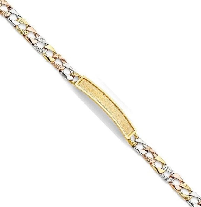 NEW 14K TRI COLOR GOLD LIGHT NUGGET FIGARO LINK F BABY ID BRACELET: NEW 14K TRI COLOR GOLD LIGHT NUGGET FIGARO LINK F BABY ID BRACELET LIGHT NUGGET FIGARO LINK F BABY ID BRACELET NEW 14K TRI COLOR GOLD LENGTH - 6in Apx WEIGHT - 6.8g