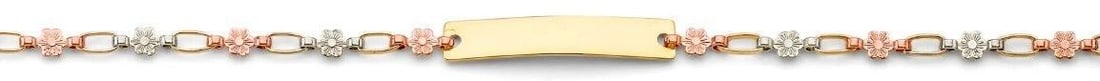 NEW 14K TRI COLOR GOLD FLOWER PLAIN ID BRACELET: NEW 14K TRI COLOR GOLD FLOWER PLAIN ID BRACELET FLOWER PLAIN ID BRACELET NEW 14K TRI COLOR GOLD LENGTH - 7.25in Apx WEIGHT - g