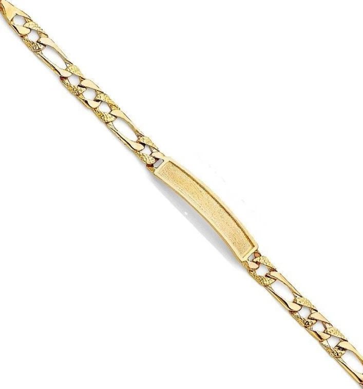 NEW 14K YELLOW GOLD LIGHT NUGGET FIGARO LINK BABY ID BRACELET: NEW 14K YELLOW GOLD LIGHT NUGGET FIGARO LINK F BABY ID BRACELET LIGHT NUGGET FIGARO LINK F BABY ID BRACELET NEW 14K YELLOW GOLD LENGTH - 6in Apx WEIGHT - 6.7g