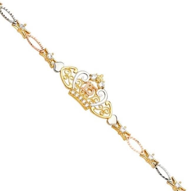 NEW 14K TRI COLOR GOLD 15 YEARS ID BRACELET: NEW 14K TRI COLOR GOLD 15 YEARS ID BRACELET 15 YEARS ID BRACELET NEW 14K TRI COLOR GOLD LENGTH - 7.5in Apx WEIGHT - 6.7g