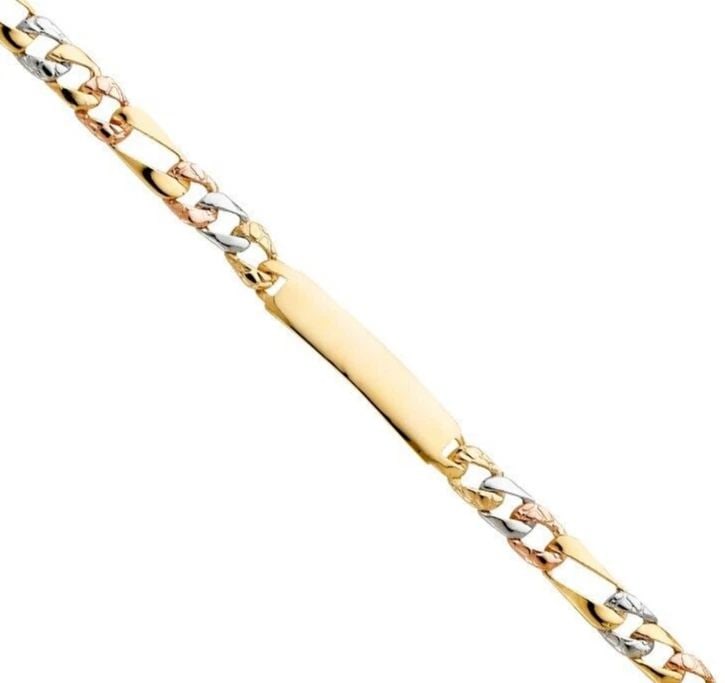 NEW 14K TRI COLOR GOLD STAMP FIGARO LINK BABY ID BRACELET: NEW 14K TRI COLOR GOLD STAMP FIGARO LINK BABY ID BRACELET STAMP FIGARO LINK BABY ID BRACELET NEW 14K TRI COLOR GOLD LENGTH - 6in Apx WEIGHT - 6.6g