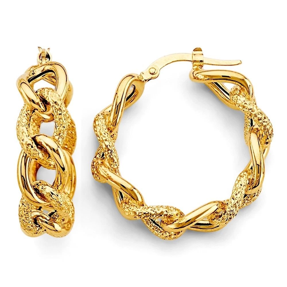 NEW 14K YELLOW GOLD FANCY LINK STYLE HOOP EARRINGS: NEW 14K YELLOW GOLD FANCY LINK STYLE HOOP EARRINGS FANCY LINK STYLE HOOP EARRINGS NEW 14K YELLOW GOLD HEIGHT - 25 mm WIDTH - 25 mm Apx WEIGHT - 5 g