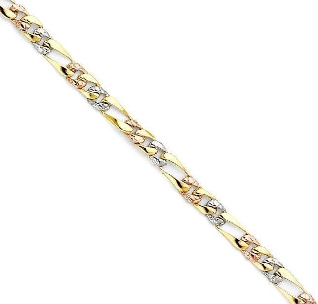 NEW 14K TRI COLOR GOLD STAMP NUGGET FIGARO LINK BRACELET: NEW 14K TRI COLOR GOLD STAMP NUGGET FIGARO LINK BRACELET STAMP NUGGET FIGARO LINK BRACELET NEW 14K TRI COLOR GOLD LENGTH - 7.25in Apx WEIGHT - 6.5g