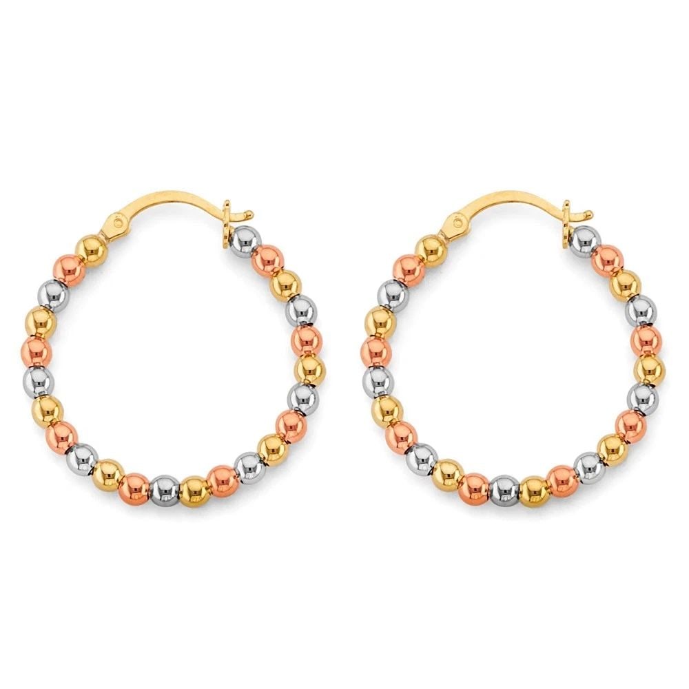 NEW 14K TRI COLOR GOLD POLISH BEAD HOOP EARRINGS: NEW 14K TRI COLOR GOLD POLISH BEAD HOOP EARRINGS POLISH BEAD HOOP EARRINGS NEW 14K TRI COLOR GOLD Height : 30 mm Width : 30 mm Weight : 4.9g