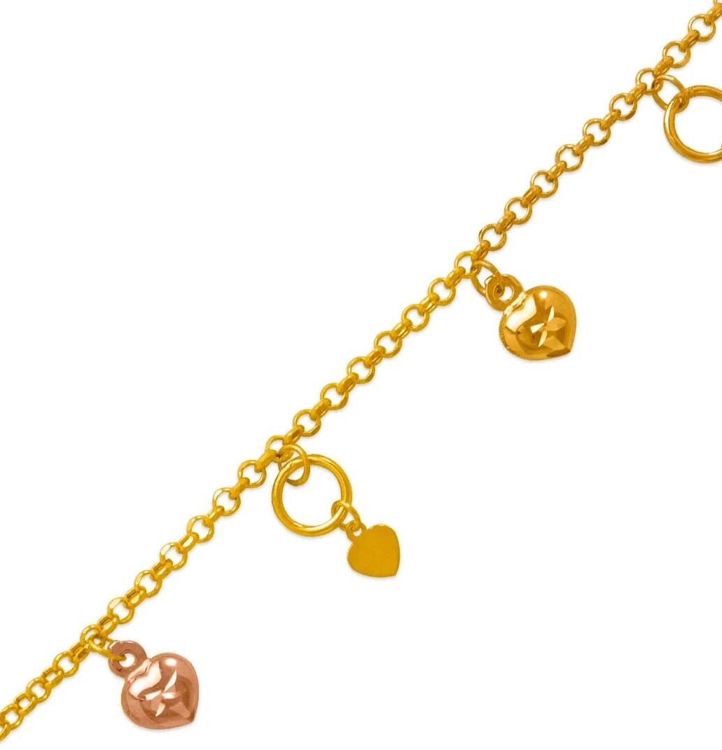 NEW 14K TRI COLOR GOLD CHARM ANKLET: NEW 14K TRI COLOR GOLD CHARM ANKLET 14K Tri color Gold Approx. 2.2mm Link Approx. 8.5mm Charm High Polished/Diamond Cut Lobster Lock Weight: 3.2 Grams