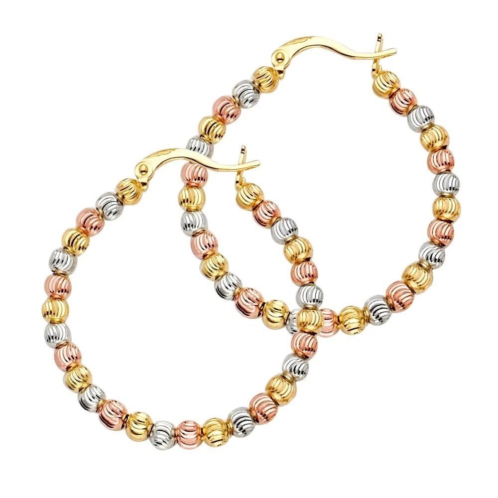 NEW 14K TRI COLOR GOLD MOON-CUT BEAD HOOP EARRINGS: NEW 14K TRI COLOR GOLD MOON-CUT BEAD HOOP EARRINGS MOON-CUT BEAD HOOP EARRINGS NEW 14K TRI COLOR GOLD Height : 30 mm Width : 30 mm Weight : 4.9g