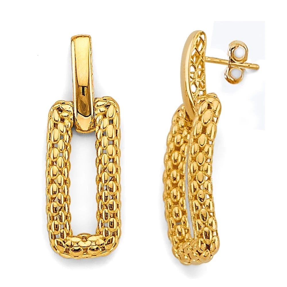 NEW 14K YELLOW GOLD HOLLOW MESH RECTANGLAR DESIGN EARRINGS (1 of 2)