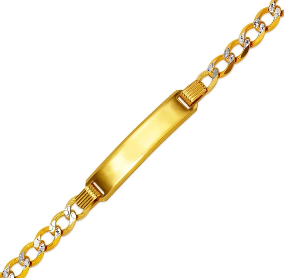 NEW 14K YELLOW WHITE PAVE GOLD CURB X - LIGHT BABY ID BRACELET: NEW 14K YELLOW WHITE PAVE GOLD CURB X - LIGHT BABY ID BRACELET 14K Yellow White Pave Gold Approx. 6mm ID, 5.0mm Bracelet High Polished Lobster Lock Length 6" Weight: 6.4 Grams