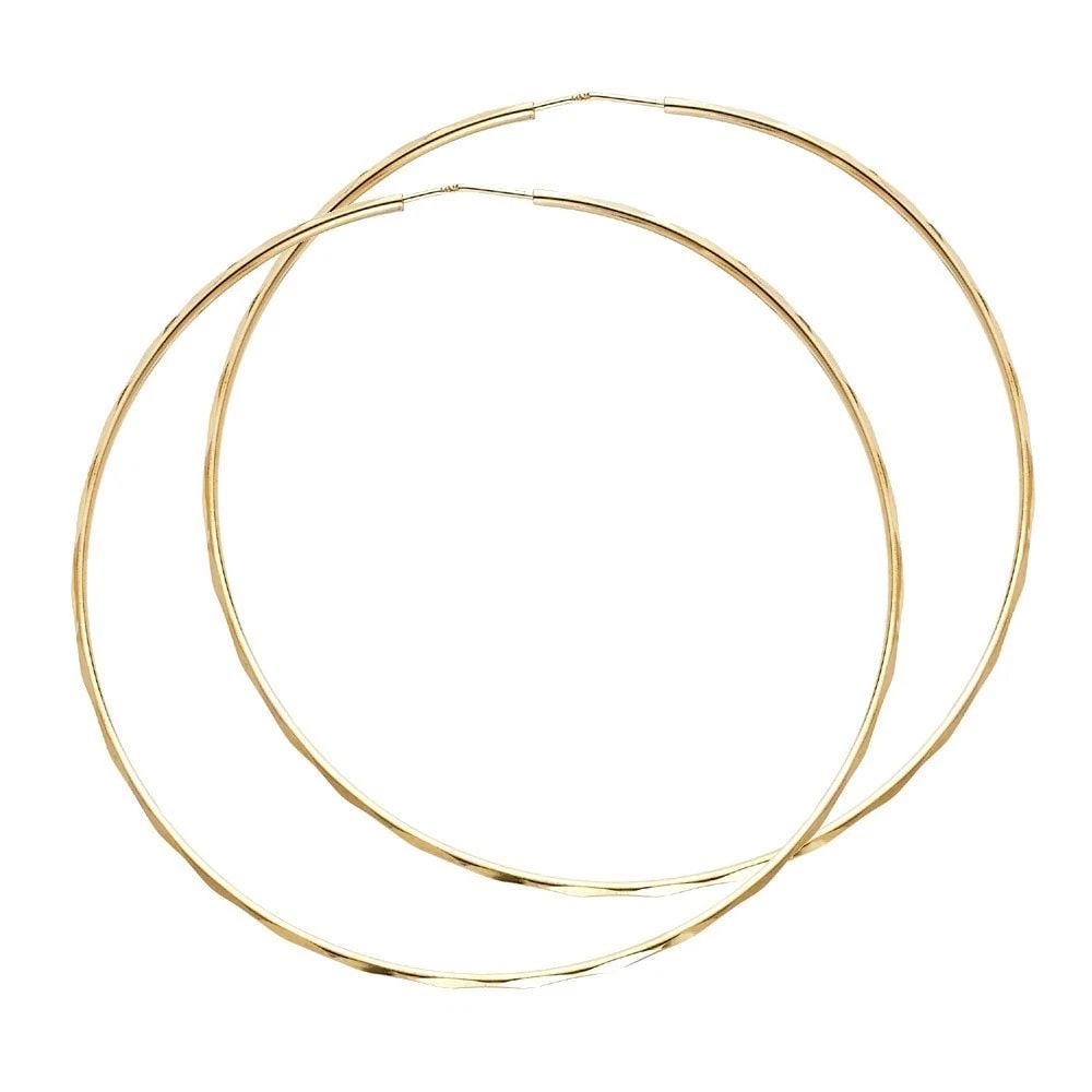 NEW 14K YELLOW GOLD 1.5MM FACETED ROUND TUBE HOOP EARRINGS (65MM): NEW 14K YELLOW GOLD 1.5MM FACETED ROUND TUBE HOOP EARRINGS (65MM) 1.5MM FACETED ROUND TUBE HOOP EARRINGS (65MM) NEW 14K YELLOW GOLD HEIGHT - 65 mm WIDTH - 65 mm Apx WEIGHT - 4.8 g