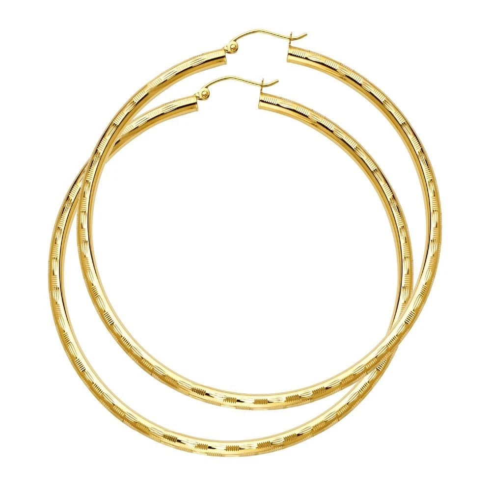NEW 14K YELLOW GOLD 3MM DC HOOP EARRINGS: NEW 14K YELLOW GOLD 3MM DC HOOP EARRINGS 3MM DC HOOP EARRINGS NEW 14K YELLOW GOLD HEIGHT - 65 mm WIDTH - 65 mm Apx WEIGHT - 4.7 g