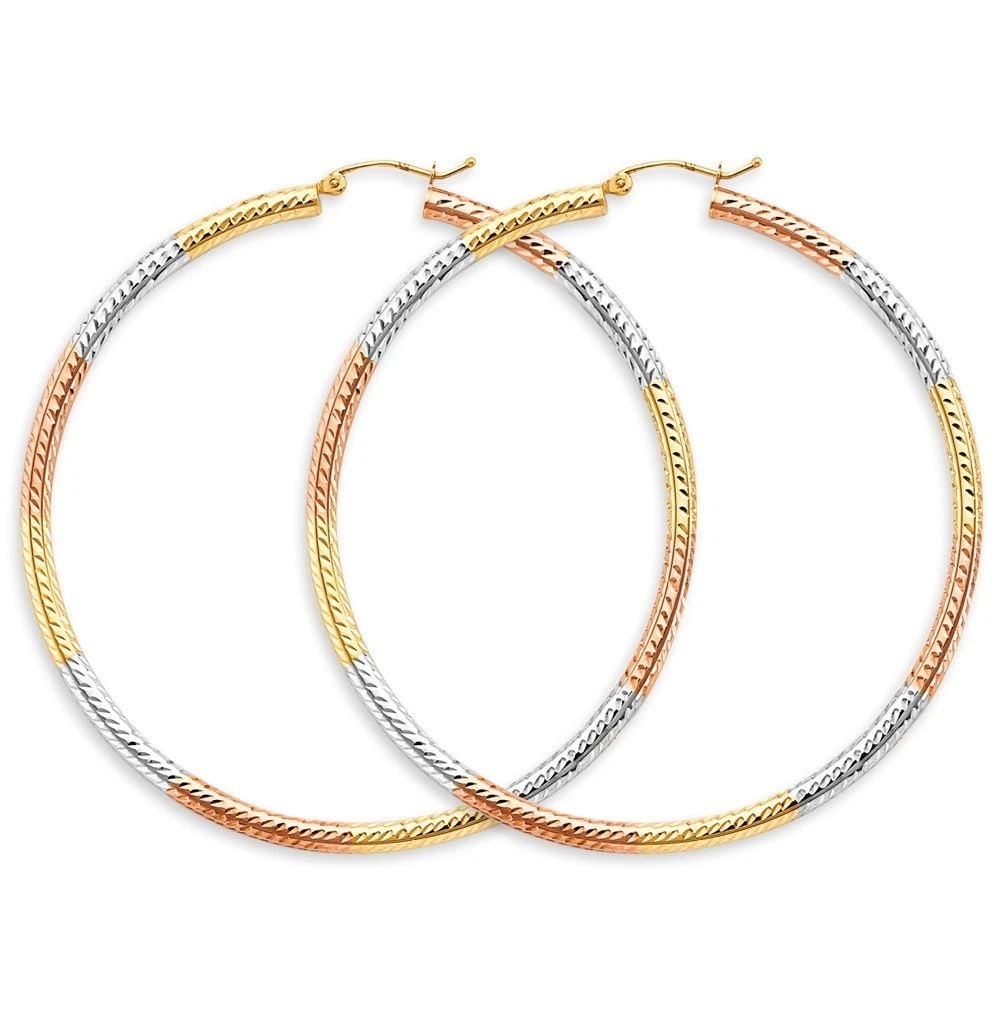 NEW 14K TRI COLOR GOLD 3MM TUBE DC HOOP EARRINGS: NEW 14K TRI COLOR GOLD 3MM TUBE DC HOOP EARRINGS 3MM TUBE DC HOOP EARRINGS NEW 14K TRI COLOR GOLD HEIGHT - 65 mm WIDTH - 65 mm Apx WEIGHT - 4.7 g