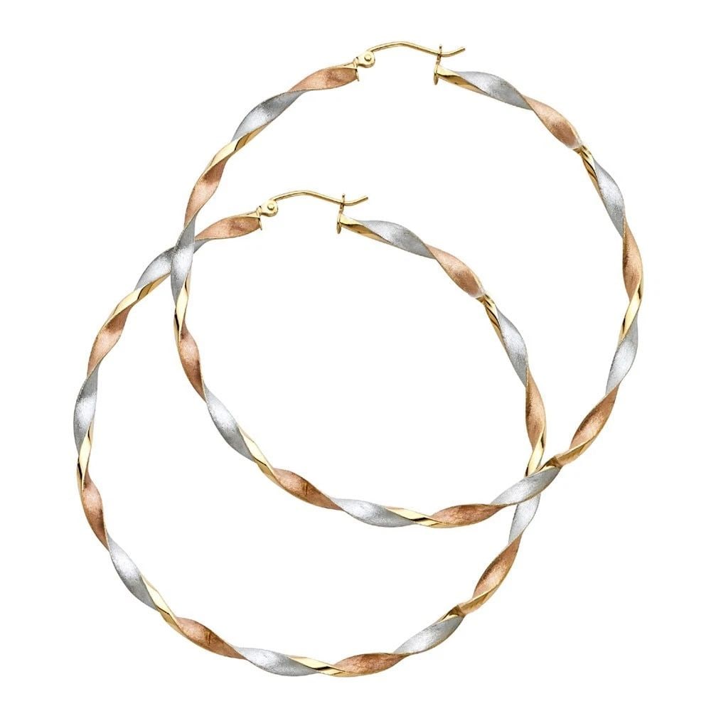 NEW 14K TRI COLOR GOLD CURLED HOLLOW HOOP EARRINGS (1 of 2)