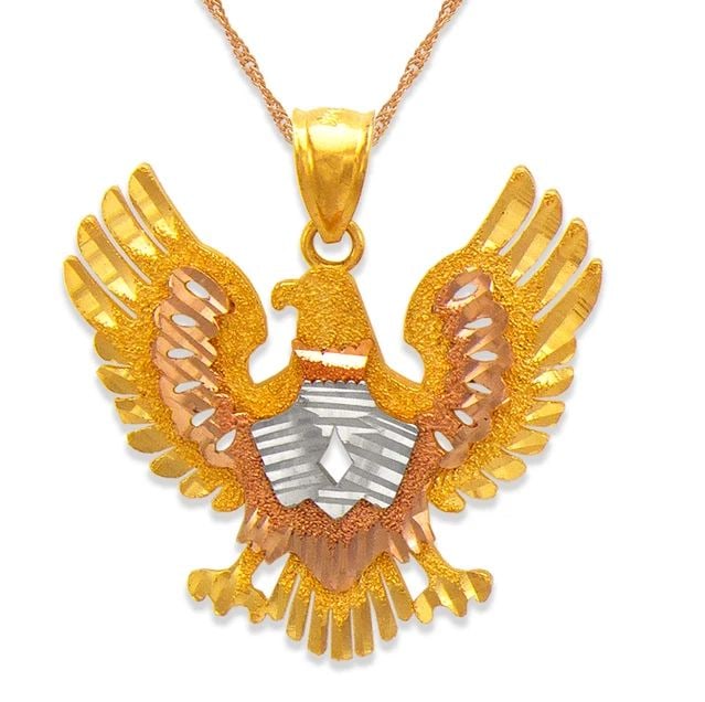 NEW 14K TRICOLOR GOLD 28MM EAGLE PENDANT: NEW 14K TRICOLOR GOLD 28MM EAGLE PENDANT 28MM EAGLE PENDANT NEW 14K TRICOLOR GOLD Apx. WIDTH: 30x28mm Apx WEIGHT: 6.0g