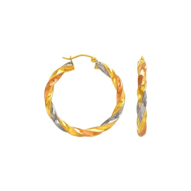 NEW 14K TRICOLOR GOLD 4MM SQUARE TWIST HOOP EARRINGS: NEW 14K TRICOLOR GOLD 4MM SQUARE TWIST HOOP EARRINGS 4MM SQUARE TWIST HOOP EARRINGS NEW 14K TRICOLOR GOLD Width: Approx. 4mm Apx WEIGHT: 2g