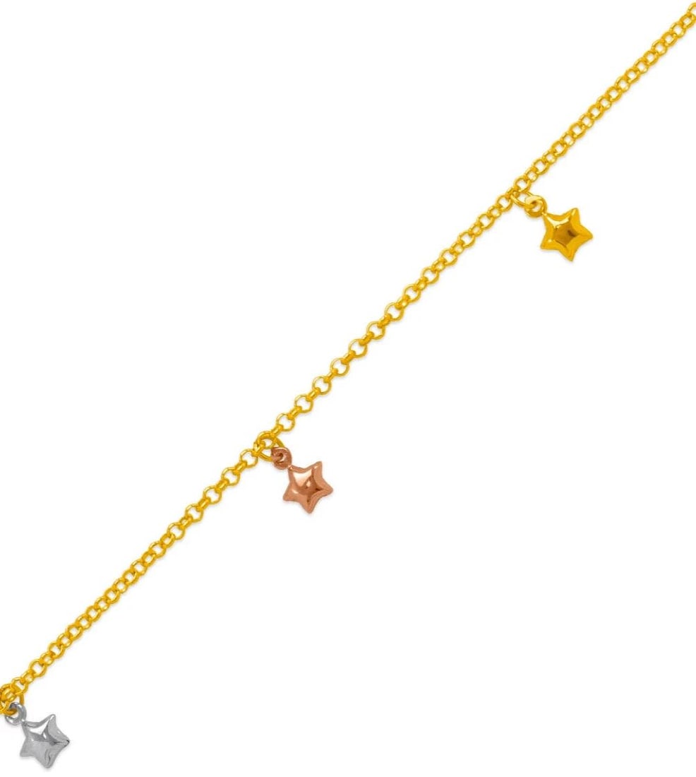 NEW 14K TRI COLOR GOLD STAR CHARM ANKLET: NEW 14K TRI COLOR GOLD CHARM ANKLET 14K Tri color Gold Approx. 2.2mm Link Approx. 8.5mm Charm 10" Long High Polished/Diamond Cut Lobster Lock Weight: 4.0 Grams